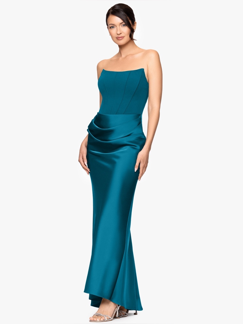 Betsy & Adam Strapless Mixed Media Gown In Teal Size 4